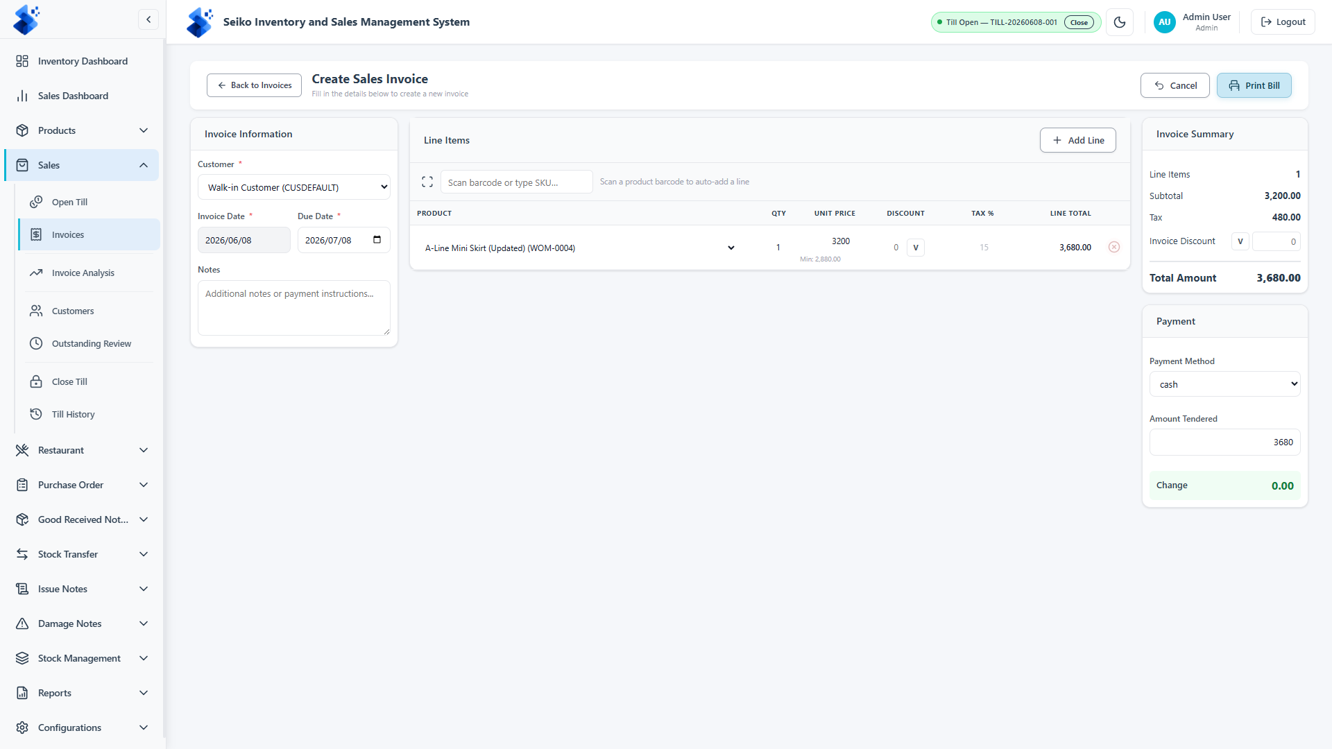Inventory and Sales Management System — Invoice and Billing View